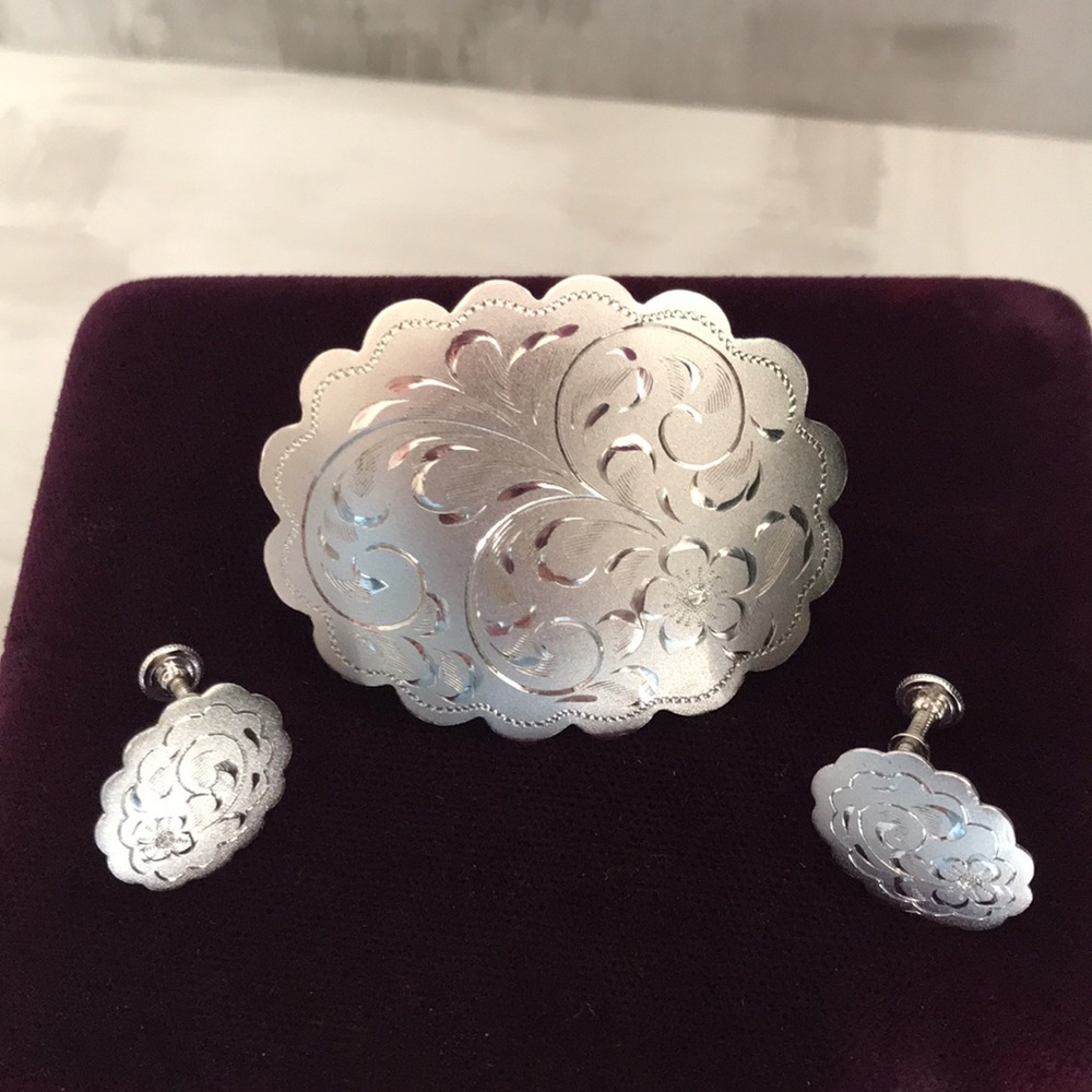 Vintage Forstner Sterling Silver Etched Brooch & Earrings, Scalloped Edges, Oval